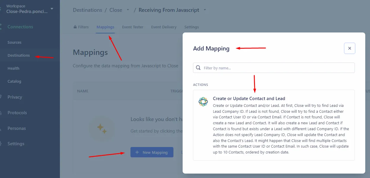 Segment Destinations mappings screen with Add Mapping modal for Create or Update Contact and Lead.