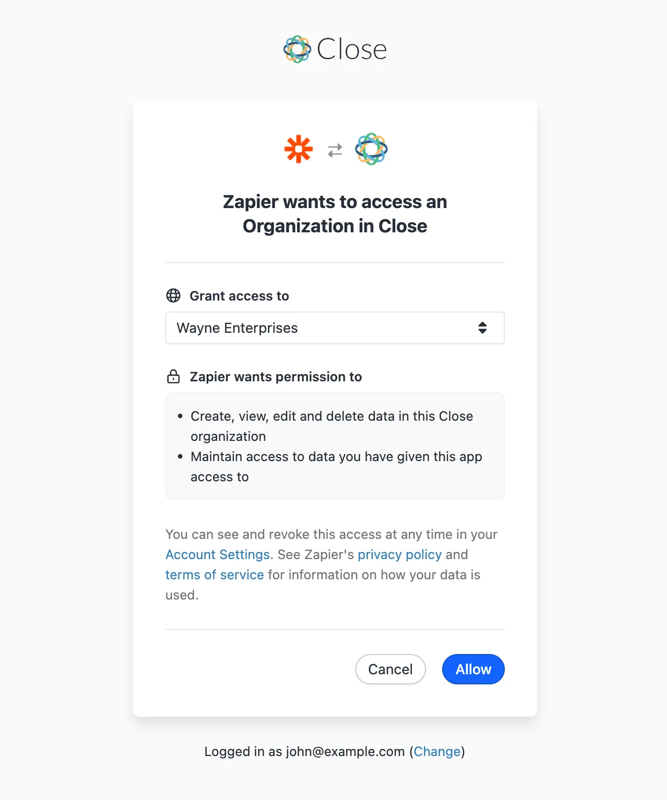 OAuth consent dialog asking to grant Zapier access to a Close organization with permissions and Allow/Cancel buttons.