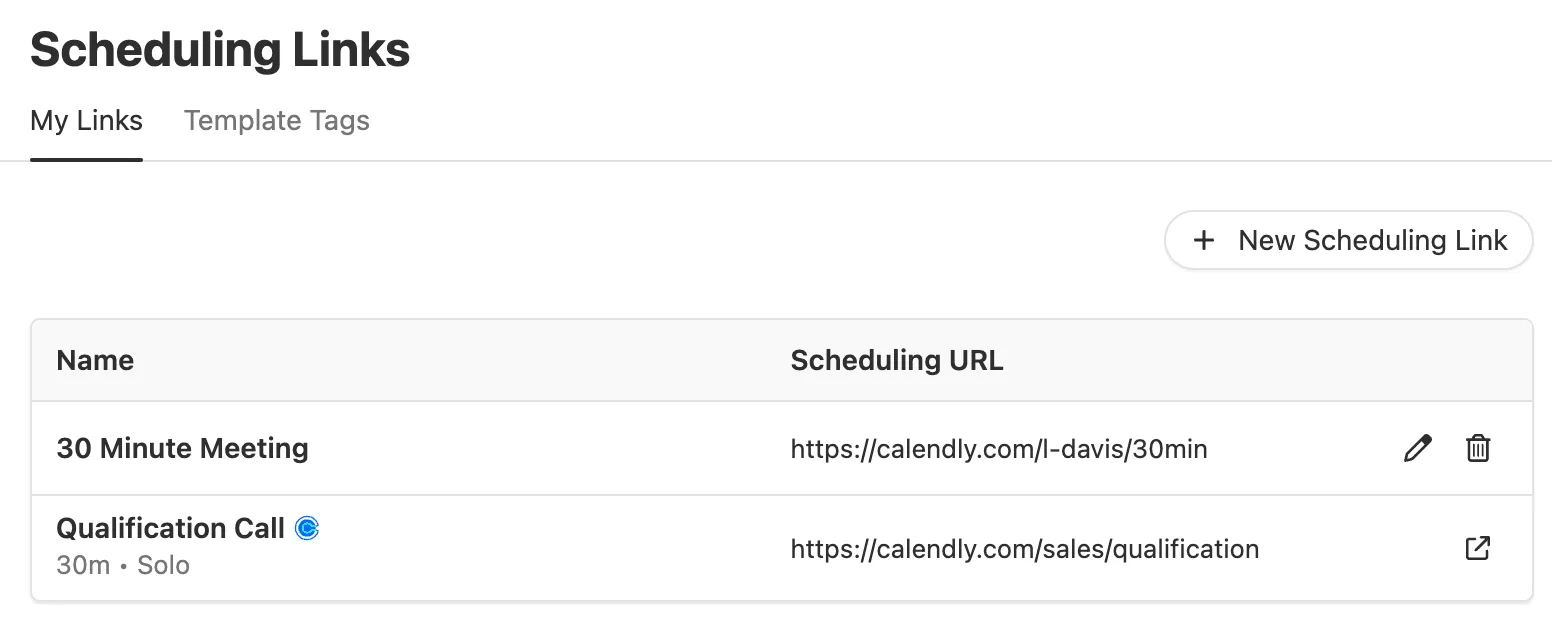 My Links tab showing two scheduling links with names and Calendly URLs.