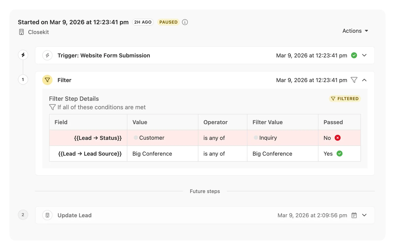 Workflow editor showing a Filter step with conditions and pass/fail results.
