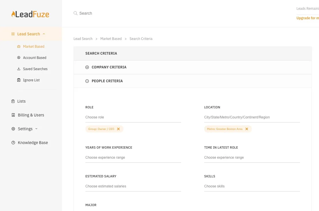 LeadFuze Market Based search criteria form showing role set to CEO and location set to Greater Boston Area.