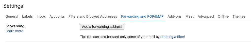 Gmail Settings Forwarding and POP/IMAP tab showing Add a forwarding address button.