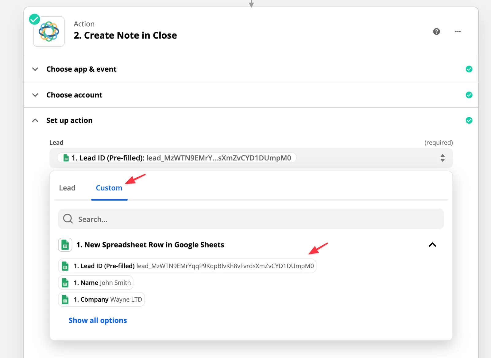 Zapier action setup screen showing Create Note in Close with Lead field mapped to pre-filled Lead ID from Google Sheets.