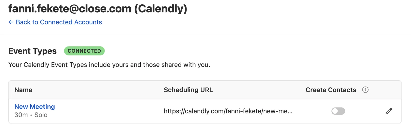 Calendly account settings showing an event type list with a toggle to create contacts.