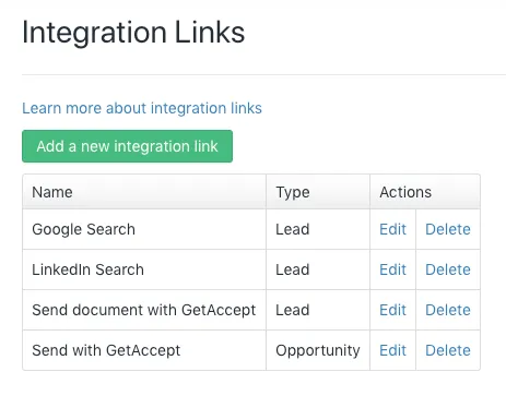 Table listing integration links including Send with GetAccept and Send document with GetAccept.