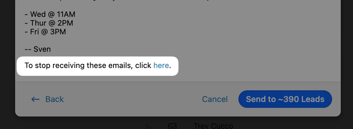 Email composer footer showing an unsubscribe link labeled 'To stop receiving these emails, click here.'