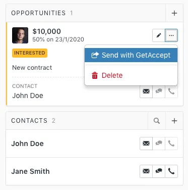 Opportunity card showing the Send with GetAccept option in the action menu.