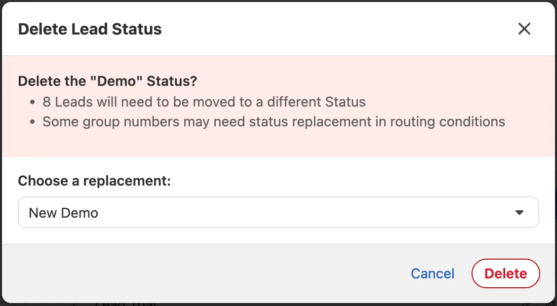 Confirmation modal asking to choose a replacement before deleting the 'Demo' lead status.