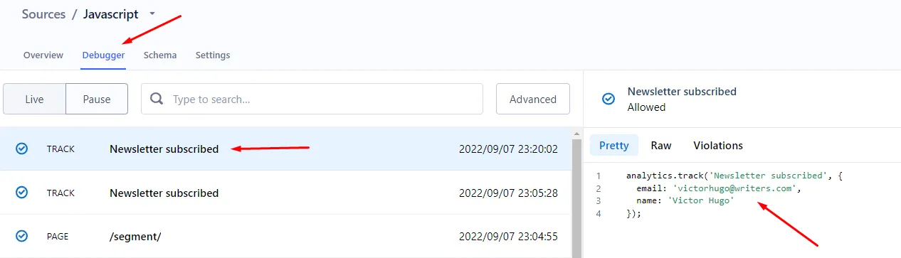 Segment debugger showing a tracked Newsletter subscribed event and its analytics.track payload.