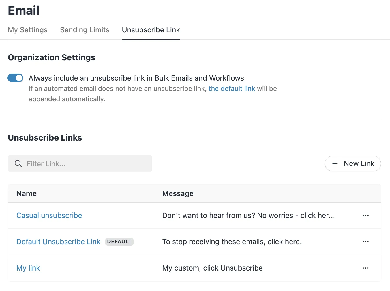 Email settings page showing unsubscribe link toggle and list of unsubscribe messages.