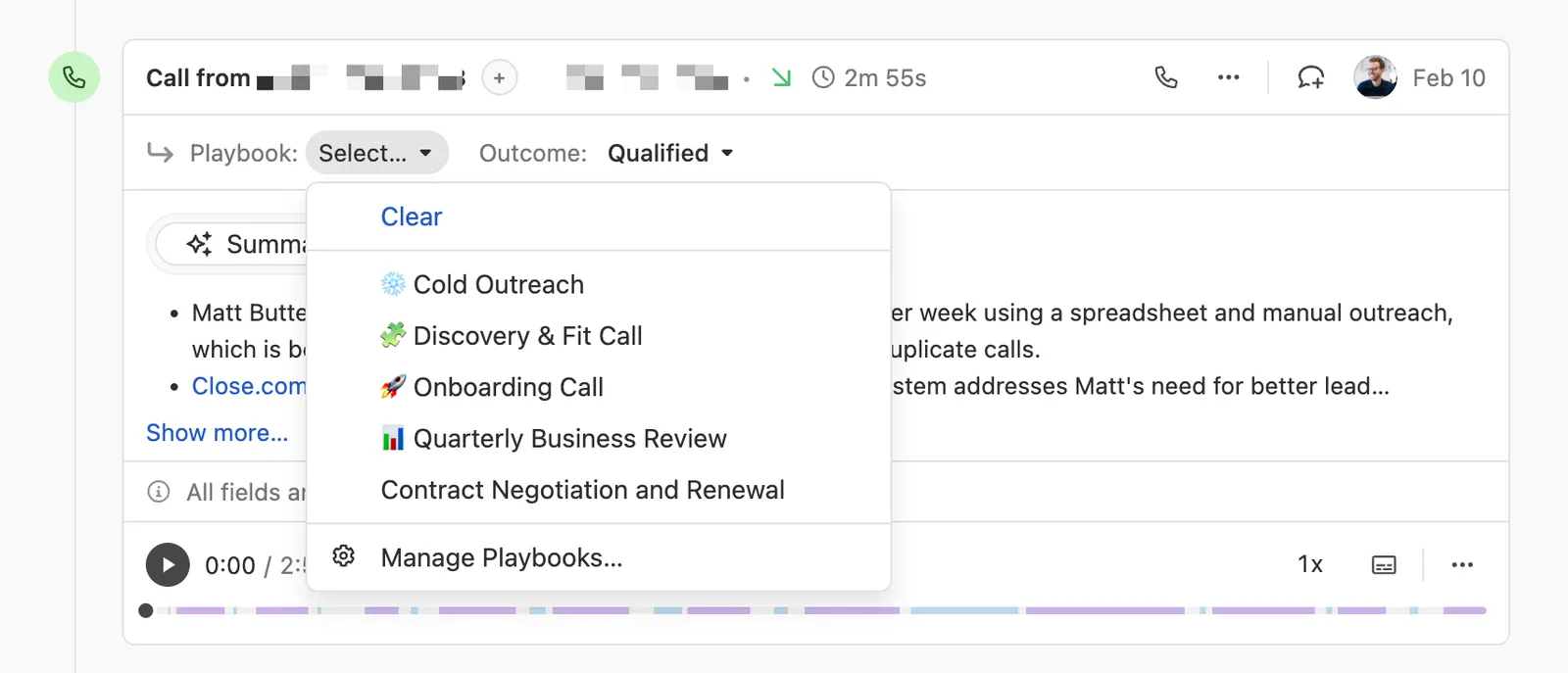 Call record showing an open Playbook dropdown with several playbook options listed.