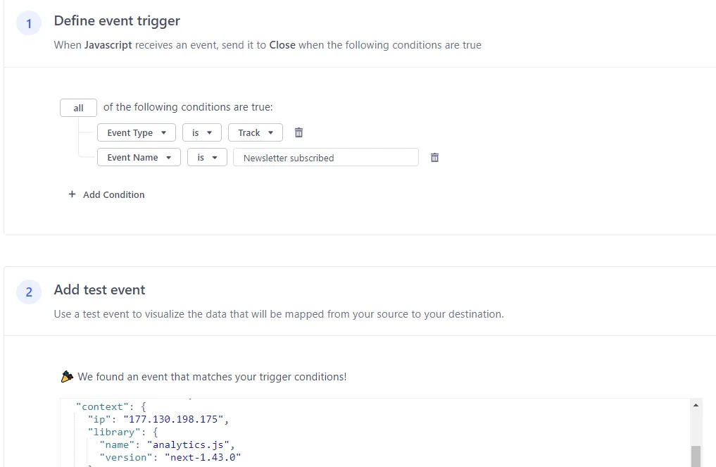 Segment setup screen showing event trigger conditions and a matched test event payload.