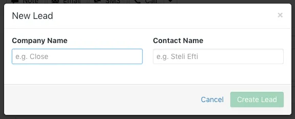 Modal dialog prompting for company name and contact name with Cancel and Create Lead buttons.