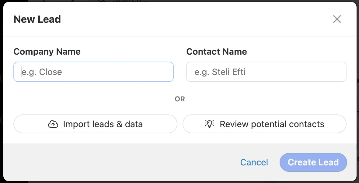 New Lead popup with Company Name and Contact Name fields and options to import or review potential contacts.