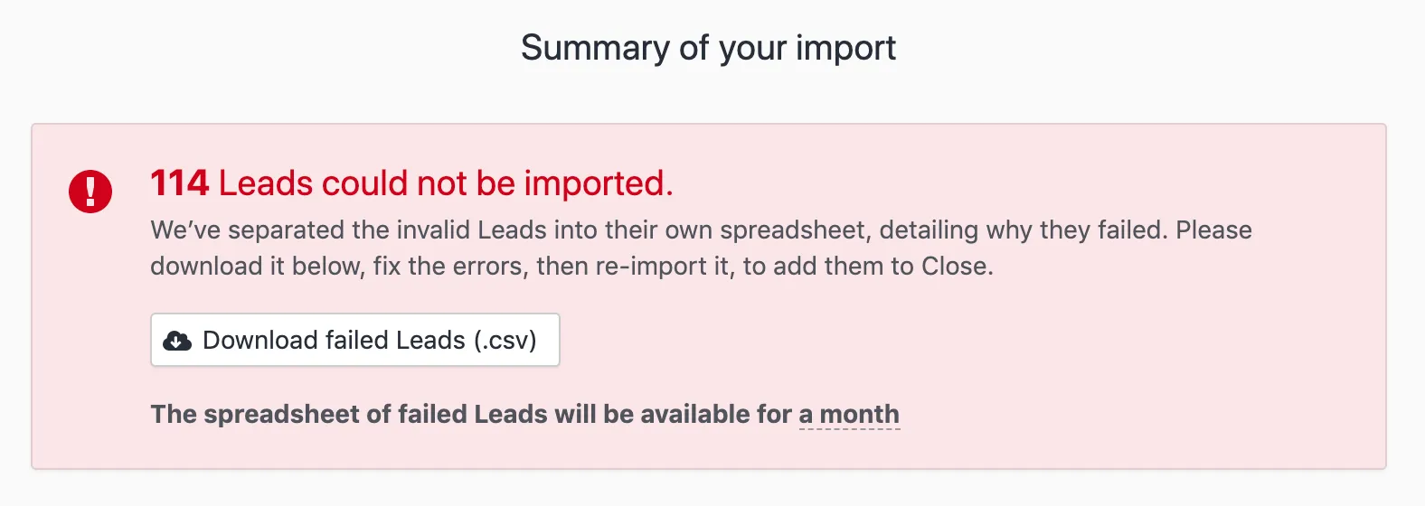 Summary panel showing 114 leads could not be imported with download failed leads (.csv) button.