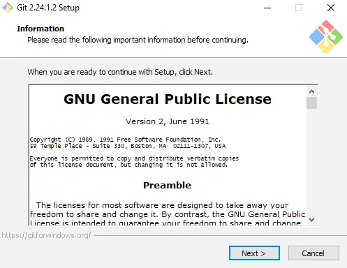 Git for Windows installer showing GNU General Public License screen with Next and Cancel buttons.