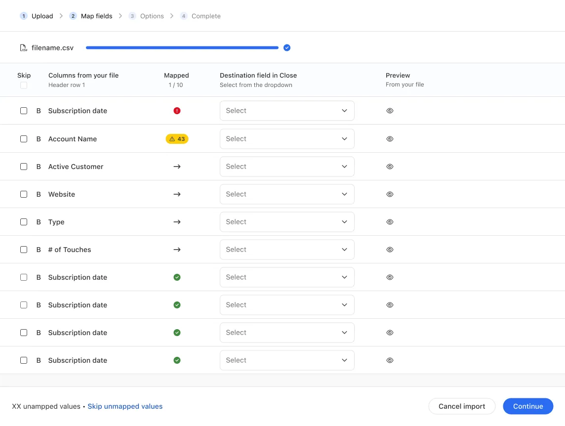 Lead importer field mapping screen showing file upload, columns, mapping status, and destination field dropdowns.