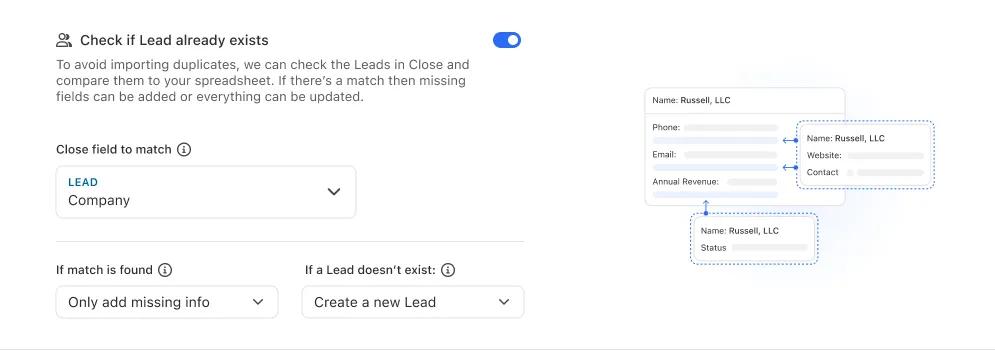 Lead Importer settings panel showing options to check for existing leads and field matching with preview cards.