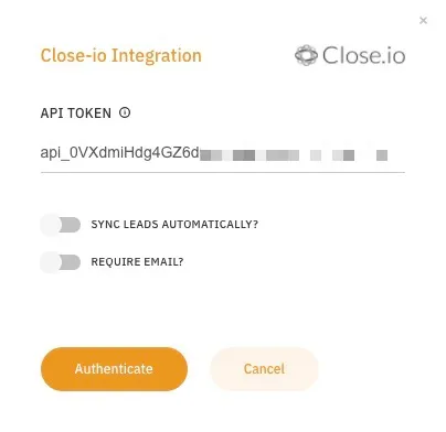 Close integration pop-up showing API token field with Authenticate and Cancel buttons.