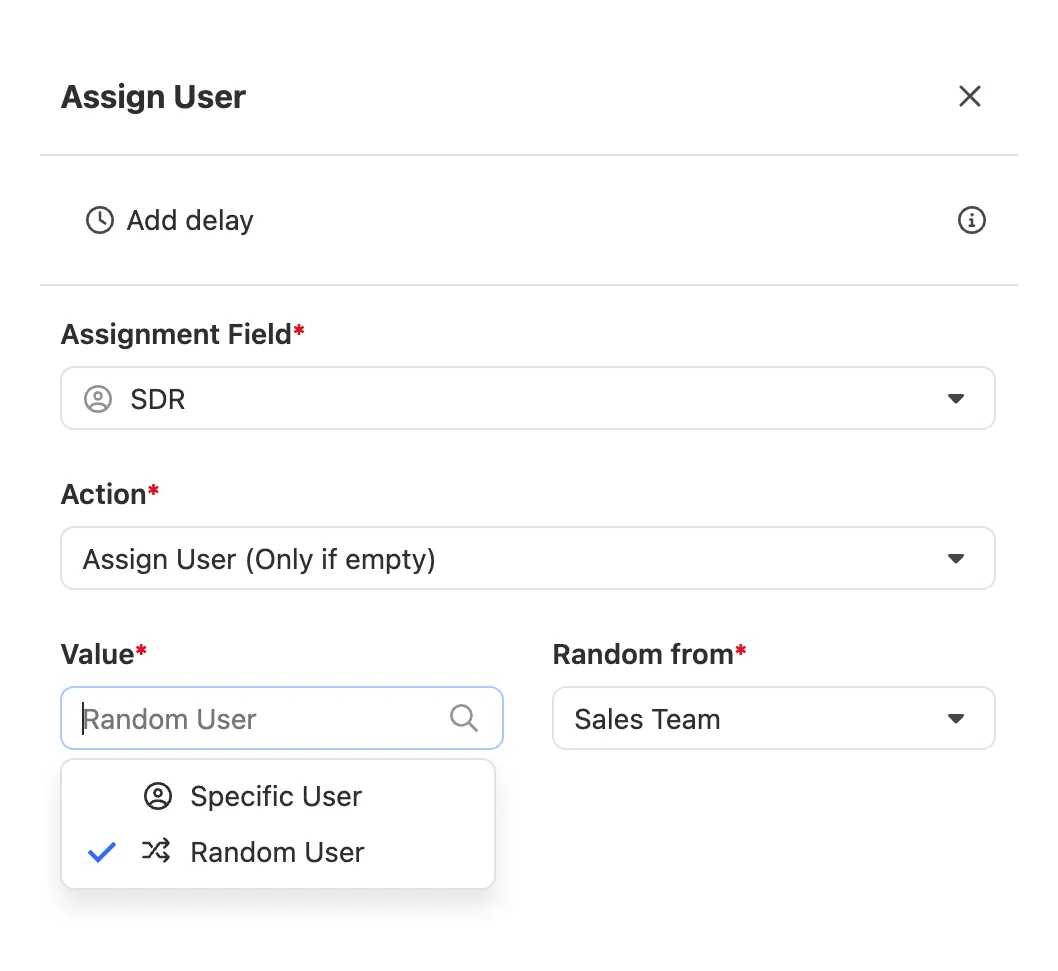 Workflow editor Assign User step options with assignment field, action, and random user selection.