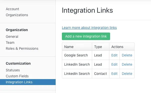 Close settings Integration Links list with Add a new integration link button.