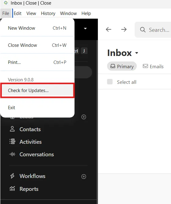Close app Windows menu with 'Check for Updates' option highlighted.