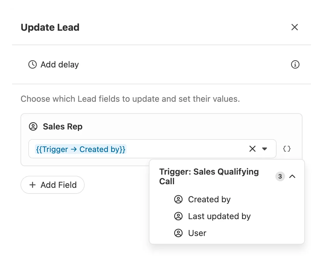 Workflow editor panel for an Update Lead step showing Sales Rep field and artifact menu.