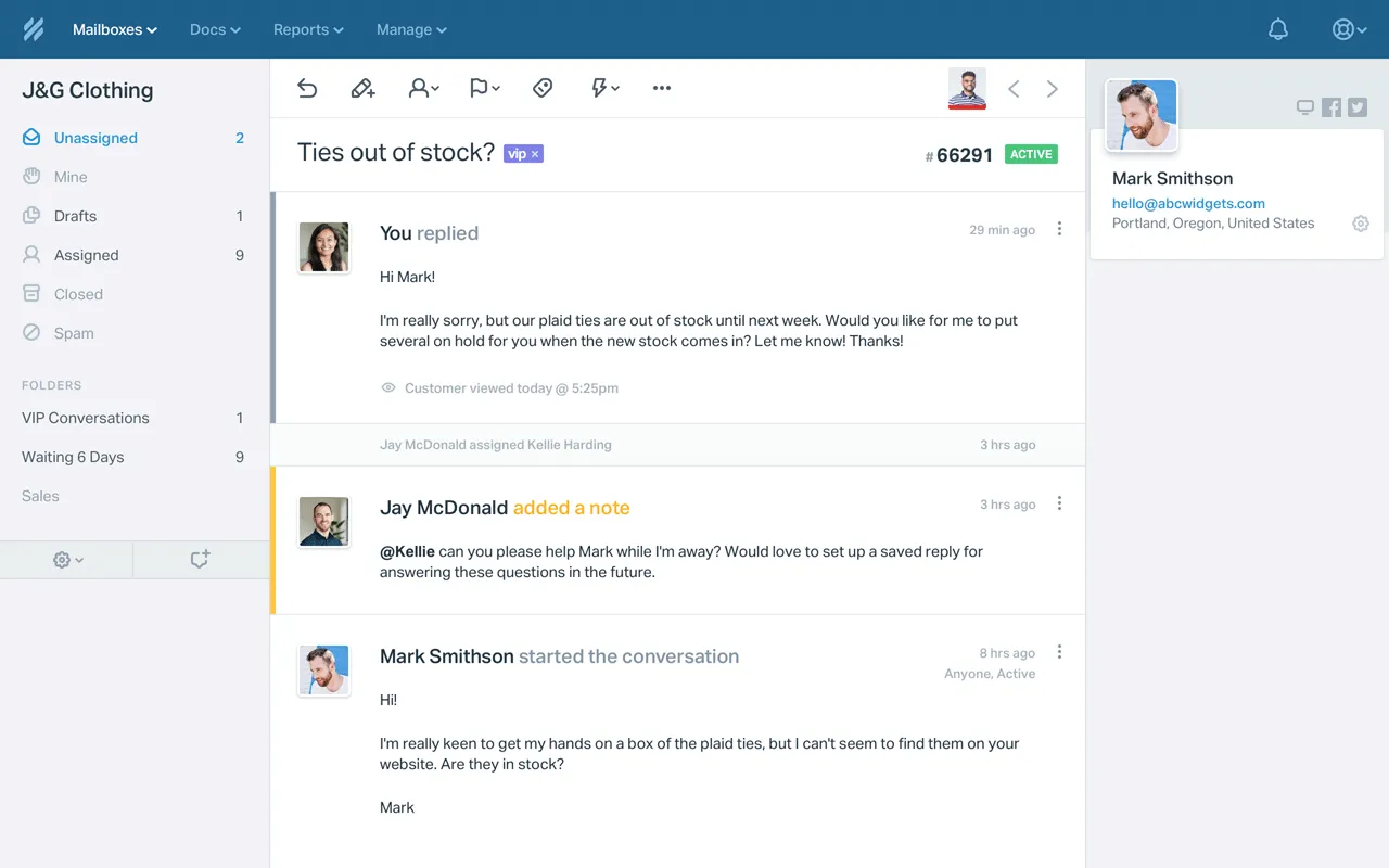 Help Scout ticket conversation with sidebar showing customer profile and ticket thread.
