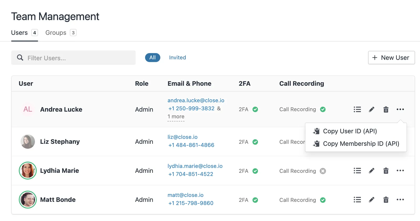Team Management users list showing user rows and a menu with options to copy User ID or Membership ID.
