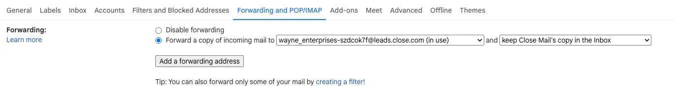 Gmail Forwarding and POP/IMAP settings showing forwarding address added and options selected.