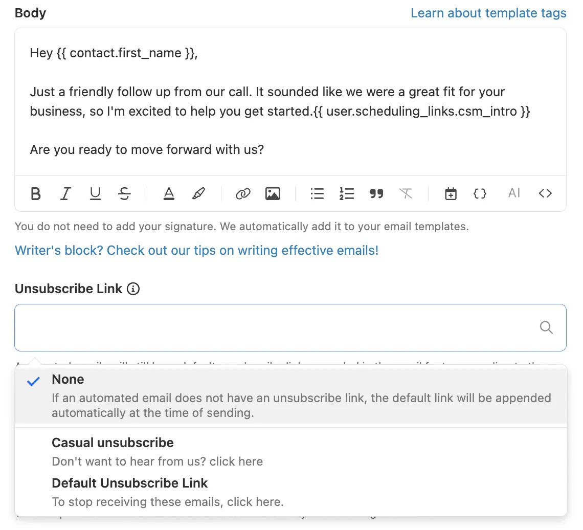 Email template editor showing unsubscribe link dropdown with None, Casual unsubscribe, and Default options.