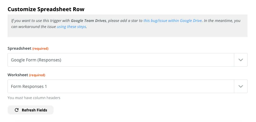 Zapier Customize Spreadsheet Row settings showing Spreadsheet and Worksheet dropdowns and Refresh Fields button.