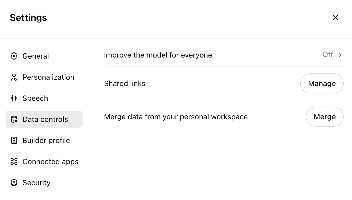 ChatGPT settings panel showing Data controls with options for improving model, shared links, and merging workspace data.