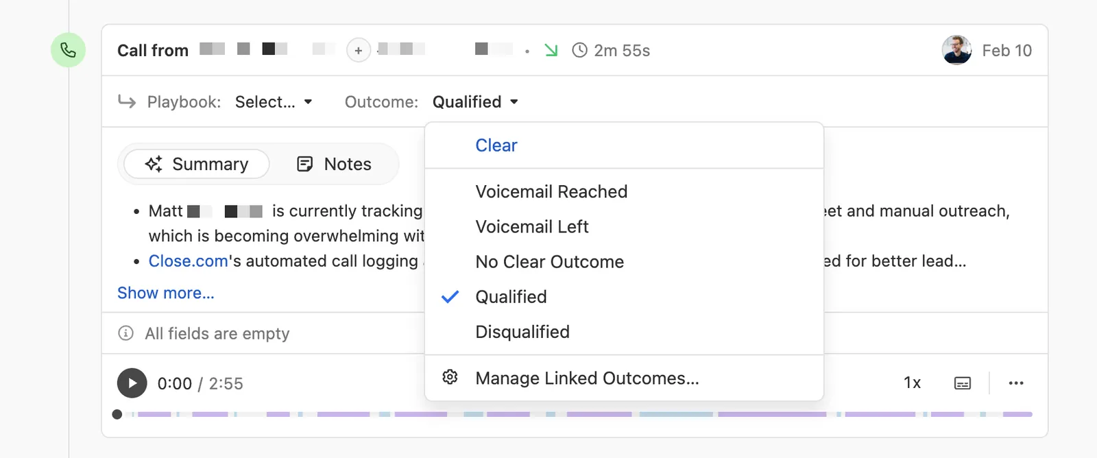 Call record showing Playbook field and an open Outcome dropdown menu with options like Qualified and Disqualified.