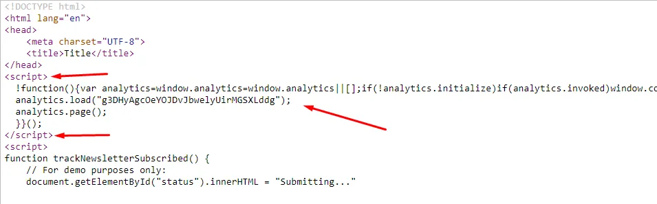 HTML snippet showing Segment analytics JavaScript with API key highlighted.
