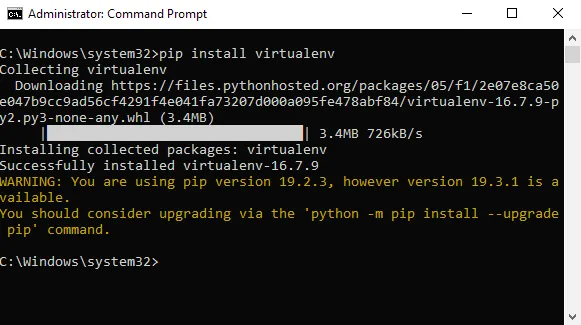Windows Command Prompt showing pip install virtualenv success message and pip upgrade warning.