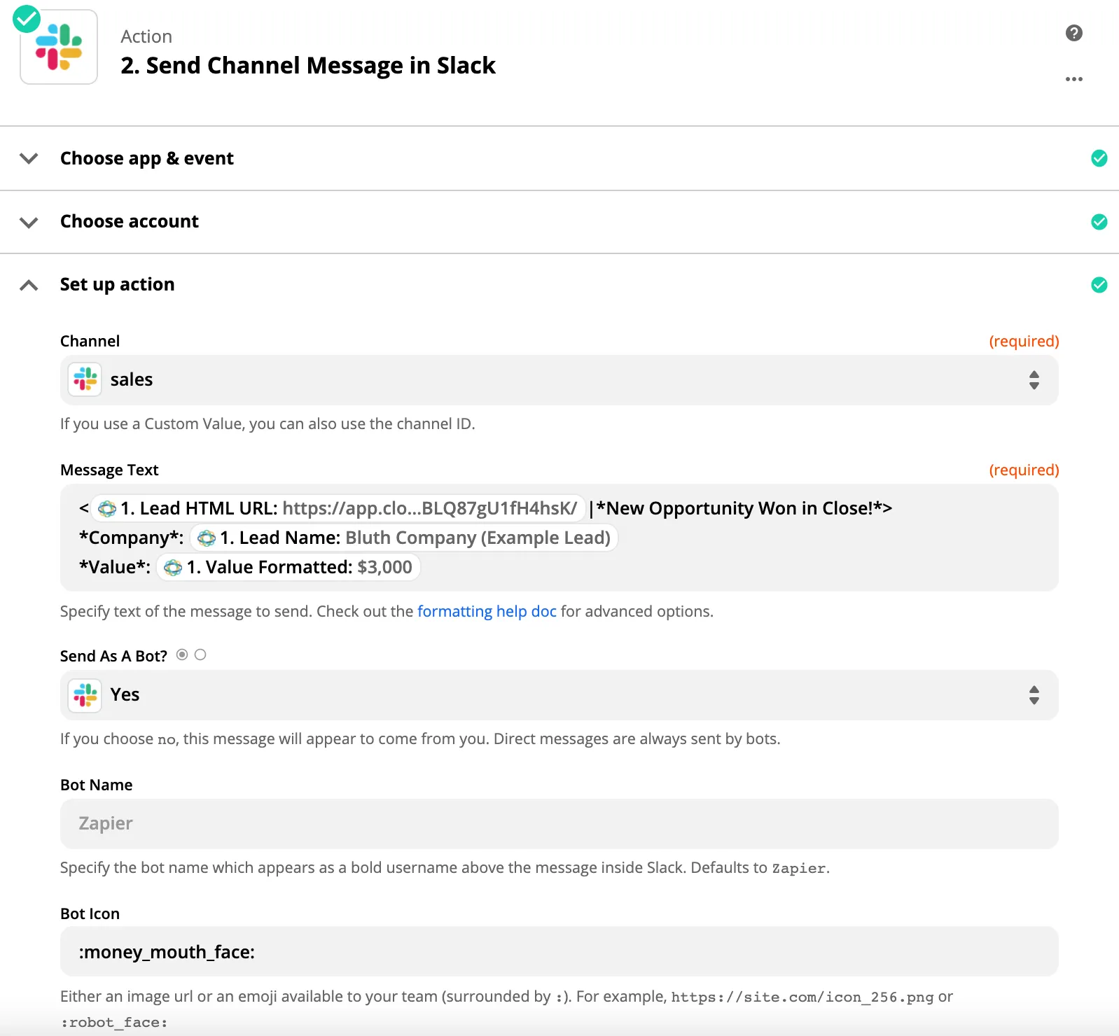 Zapier setup screen showing Send Channel Message action configured to post a formatted Close opportunity message to the sales Slack channel.