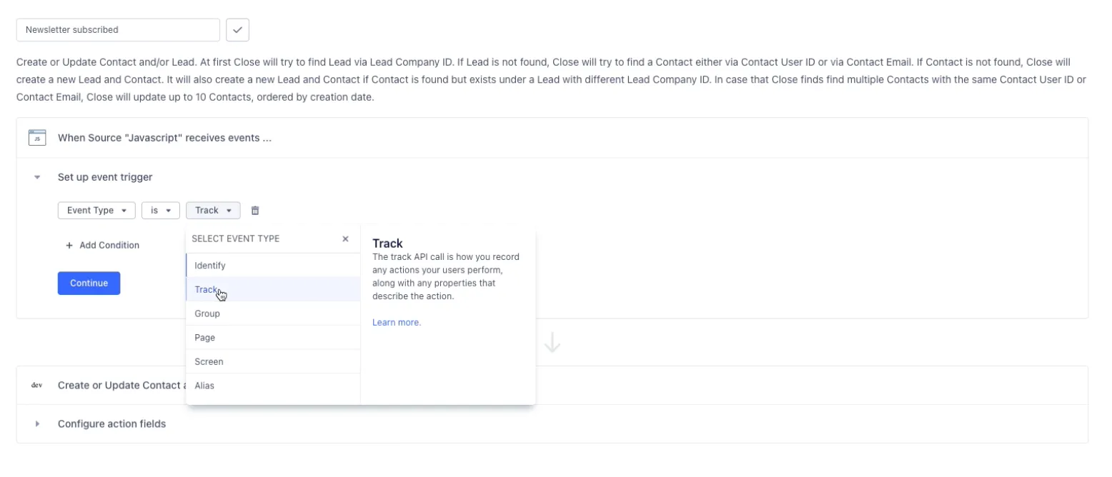 Segment UI showing event type selector set to Track for a JavaScript source event trigger.