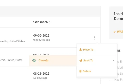 LeadFuze list showing a context menu with Send To and Close.io option.
