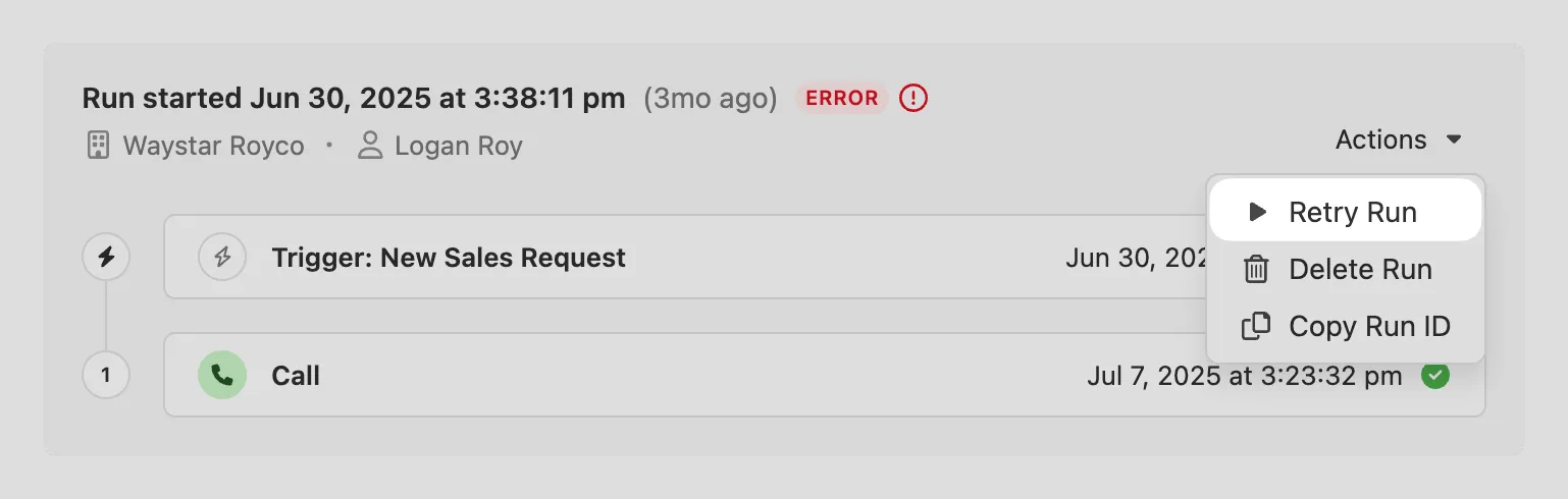 Workflow run detail panel showing an error status with actions menu to retry the run.