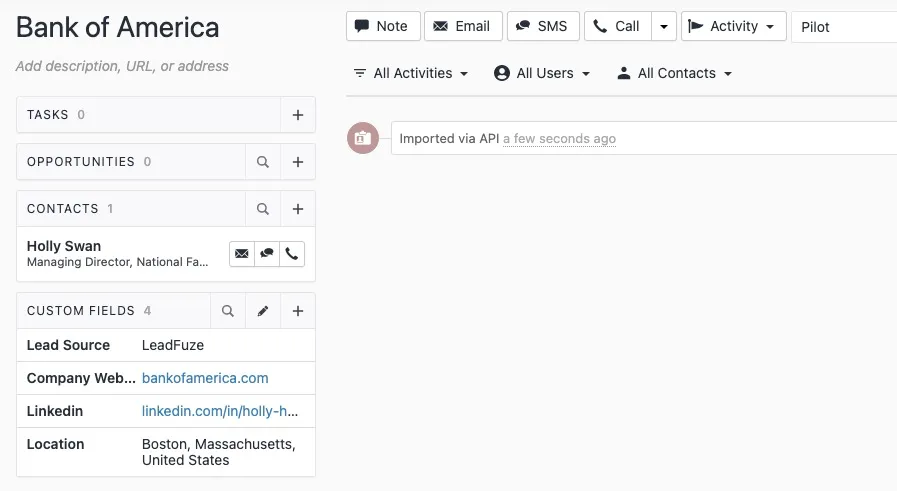 Close company record page showing Bank of America with contacts and custom fields.