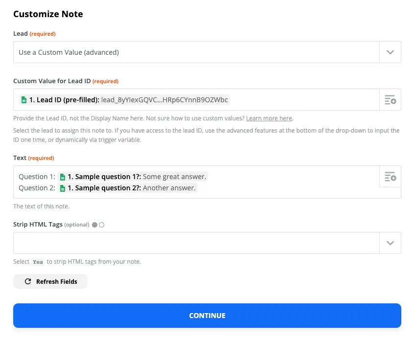 Customize Note form showing Lead ID field, sample question answers, and Continue button.