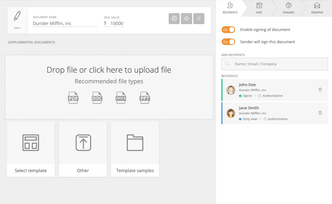 GetAccept document upload screen with drop area, document name, deal value, and recipient list.