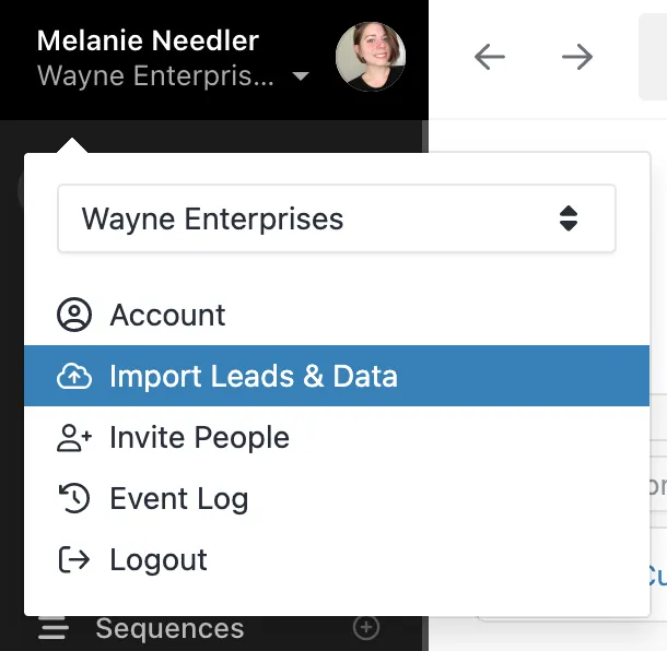 Account dropdown menu with Import Leads & Data option highlighted.