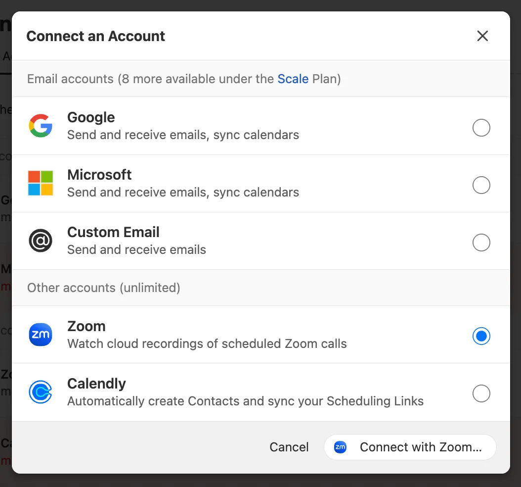 Modal showing account types with Zoom selected and Connect with Zoom button.