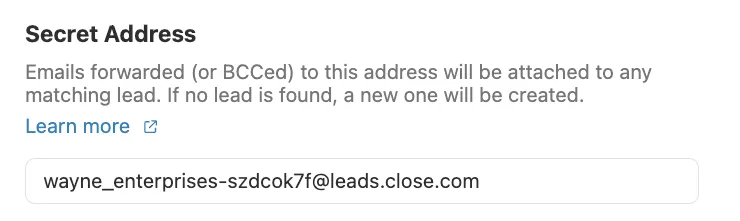 Close settings panel showing the organization's secret email address for forwarding.