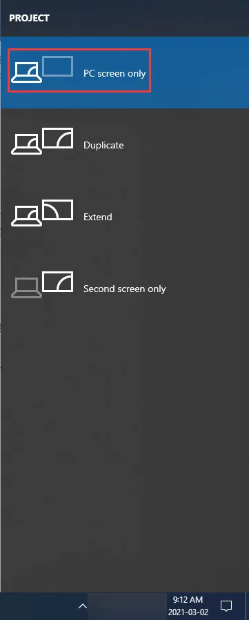 Windows Project screen options showing PC screen only, Duplicate, Extend, and Second screen only.