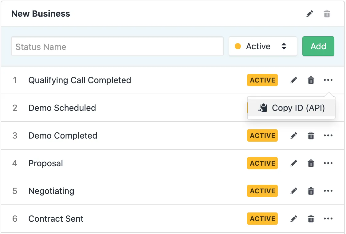 Statuses list showing multiple statuses with an open menu option to copy ID (API).
