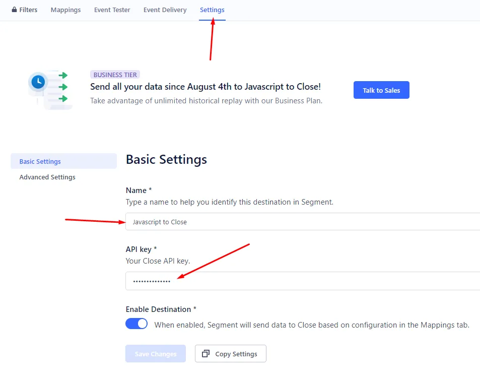 Segment destination settings page showing name field, obscured API key, and enable toggle.