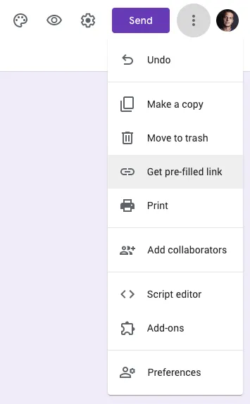 Google Forms dropdown menu with Get pre-filled link option highlighted.